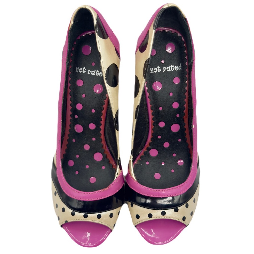 NOT RATED Pink, Black & Off White Polka Dot Peep Toe Heels Size 7, NRW0583-100 - Picture 3 of 14